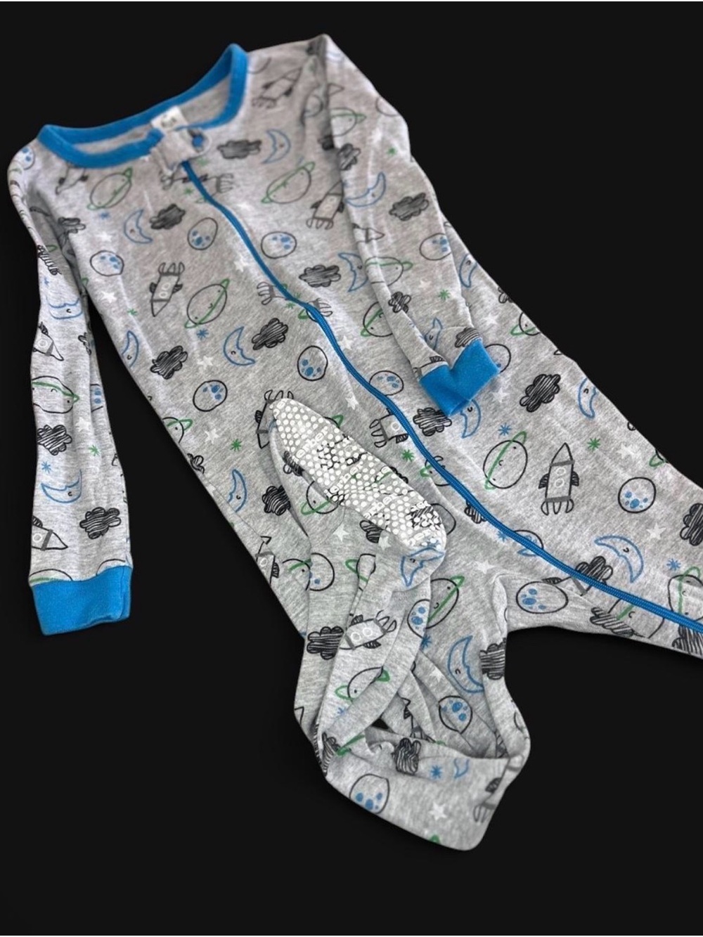 Gerber Grey Space Rocket Footed One-Piece with Blue Trim